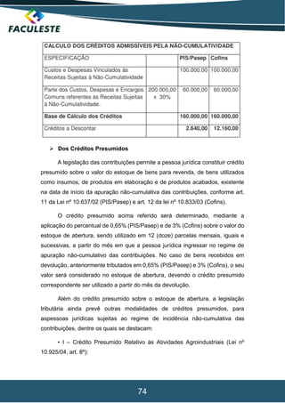 74
 Dos Créditos Presumidos
A legislação das contribuições permite a pessoa jurídica constituir crédito
presumido sobre o valor do estoque de bens para revenda, de bens utilizados
como insumos, de produtos em elaboração e de produtos acabados, existente
na data de início da apuração não-cumulativa das contribuições, conforme art.
11 da Lei nº 10.637/02 (PIS/Pasep) e art. 12 da lei nº 10.833/03 (Cofins).
O crédito presumido acima referido será determinado, mediante a
aplicação do percentual de 0,65% (PIS/Pasep) e de 3% (Cofins) sobre o valor do
estoque de abertura, sendo utilizado em 12 (doze) parcelas mensais, iguais e
sucessivas, a partir do mês em que a pessoa jurídica ingressar no regime de
apuração não-cumulativo das contribuições. No caso de bens recebidos em
devolução, anteriormente tributados em 0,65% (PIS/Pasep) e 3% (Cofins), o seu
valor será considerado no estoque de abertura, devendo o crédito presumido
correspondente ser utilizado a partir do mês da devolução.
Além do crédito presumido sobre o estoque de abertura, a legislação
tributária ainda prevê outras modalidades de créditos presumidos, para
aspessoas jurídicas sujeitas ao regime de incidência não-cumulativa das
contribuições, dentre os quais se destacam:
• I – Crédito Presumido Relativo às Atividades Agroindustriais (Lei nº
10.925/04, art. 8º):
 
