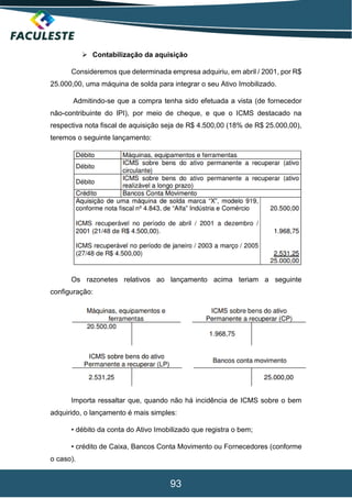 93
 Contabilização da aquisição
Consideremos que determinada empresa adquiriu, em abril / 2001, por R$
25.000,00, uma máquina de solda para integrar o seu Ativo Imobilizado.
Admitindo-se que a compra tenha sido efetuada a vista (de fornecedor
não-contribuinte do IPI), por meio de cheque, e que o ICMS destacado na
respectiva nota fiscal de aquisição seja de R$ 4.500,00 (18% de R$ 25.000,00),
teremos o seguinte lançamento:
Os razonetes relativos ao lançamento acima teriam a seguinte
configuração:
Importa ressaltar que, quando não há incidência de ICMS sobre o bem
adquirido, o lançamento é mais simples:
• débito da conta do Ativo Imobilizado que registra o bem;
• crédito de Caixa, Bancos Conta Movimento ou Fornecedores (conforme
o caso).
 