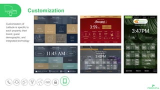 Customization of
Latitude is specific to
each property; their
brand, guest
demographic, and
integrated technology
Customization
 