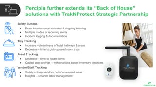 Safety Buttons
● Exact location once activated & ongoing tracking
● Multiple modes of receiving alerts
● Incident logging & documentation
Tray Tracking
● Increase – cleanliness of hotel hallways & areas
● Decrease – time to pick-up used room trays
Asset Tracking
● Decrease – time to locate items
● Capital cost savings – with analytics based inventory decisions
Vendor/Staff Tracking
● Safety – Keep vendors out of unwanted areas
● Insights – Smarter labor management
Percipia further extends its “Back of House”
solutions with TrakNProtect Strategic Partnership
 