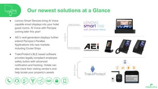 ● Lenovo Smart Devices bring AI Voice
capable smart displays into your hotel
guest rooms. AI Voice with Percipia
coming later this year!
● AEi’s next-generation displays further
extend Percipia’s Parallax
Applications into new markets
including Cruise Ships
● TraknProtect’s BLE based software
provides legally compliant employee
safety button with advanced
notification and tracking. Hotels can
also track their visiting vendor’s and
help locate your property’s assets
Our newest solutions at a Glance
 