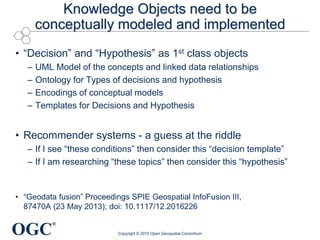 OGC
®
Knowledge Objects need to be
conceptually modeled and implemented
• “Decision” and “Hypothesis” as 1st class objects
– UML Model of the concepts and linked data relationships
– Ontology for Types of decisions and hypothesis
– Encodings of conceptual models
– Templates for Decisions and Hypothesis
• Recommender systems - a guess at the riddle
– If I see “these conditions” then consider this “decision template”
– If I am researching “these topics” then consider this “hypothesis”
• “Geodata fusion” Proceedings SPIE Geospatial InfoFusion III,
87470A (23 May 2013); doi: 10.1117/12.2016226
Copyright © 2015 Open Geospatial Consortium
 