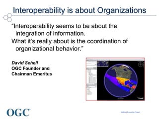 Making Location Count...
Interoperability is about Organizations
“Interoperability seems to be about the
integration of information.
What it’s really about is the coordination of
organizational behavior.”
David Schell
OGC Founder and
Chairman Emeritus
 