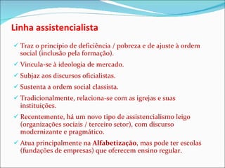 Linha assistencialista Traz o princípio de deficiência / pobreza e de ajuste à ordem social (inclusão pela formação). Vincula-se à ideologia de mercado. Subjaz aos discursos oficialistas. Sustenta a ordem social classista.  Tradicionalmente, relaciona-se com as igrejas e suas instituições. Recentemente, há um novo tipo de assistencialismo leigo (organizações sociais / terceiro setor), com discurso modernizante e pragmático. Atua principalmente na  Alfabetização , mas pode ter escolas (fundações de empresas) que oferecem ensino regular. 