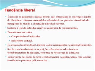 Tendência liberal É herdeira do pensamento radical-liberal, que, enfrentando as concepções rígidas do liberalismo clássico e dos modelos industriais fixos, postula a diversidade de percepções do mundo e a liberdade individual extrema.  Sustenta a tese do indivíduo criativo e construtor de conhecimentos. Desembocou nas visões: Competências e habilidades ; Relativismo cultural. No extremo (contracultura), ilumina visões irracionalistas e anarcoindividualistas.  Sua face moderada abastece as posições reformistas modernizantes e tecnoburocráticas da educação, com base na noção vaga de cidadania. Está presente nas linhas de força tecnoburocrática e assistencialista, mas também se reflete em propostas político-sociais. 