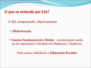 O que se entende por EJA? A EJA compreende, objetivamente Alfabetização  Ensino Fundamental e Médio  – escolarização tardia ou de reparação); é herdeira do Madureza / Supletivo Tem como referência a  Educação Escolar 