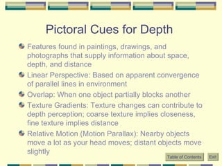 Pictoral Cues for Depth  Features found in paintings, drawings, and photographs that supply information about space, depth, and distance Linear Perspective: Based on apparent convergence of parallel lines in environment Overlap: When one object partially blocks another Texture Gradients: Texture changes can contribute to depth perception; coarse texture implies closeness, fine texture implies distance Relative Motion (Motion Parallax): Nearby objects move a lot as your head moves; distant objects move slightly Table of Contents Exit 