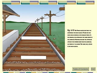 Fig. 6.19  The Ponzo illusion may help you understand the moon illusion. Picture the two white bars as resting on the railroad tracks. In the drawing, the upper bar is the same length as the lower bar. However, because the upper bar appears to be farther away than the lower bar, we perceive it as longer. The same logic applies to the moon illusion.   Table of Contents Exit 