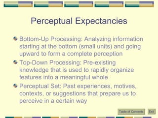 Perceptual Expectancies Bottom-Up Processing: Analyzing information starting at the bottom (small units) and going upward to form a complete perception Top-Down Processing: Pre-existing knowledge that is used to rapidly organize features into a meaningful whole Perceptual Set: Past experiences, motives, contexts, or suggestions that prepare us to perceive in a certain way Table of Contents Exit 