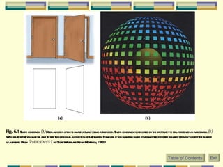 Fig. 6.1  Shape constancy.  (a)  When a door is open its image actually forms a trapezoid. Shape constancy is indicated by the fact that it is still perceived as a rectangle.  (b)  With great effort you may be able to see this design as a collection of flat shapes. However, if you maintain shape constancy the distorted squares strongly suggest the surface of a sphere. (From  Spherescapes-1  by Scott Walter and Kevin McMahon, 1983.)   Table of Contents Exit 