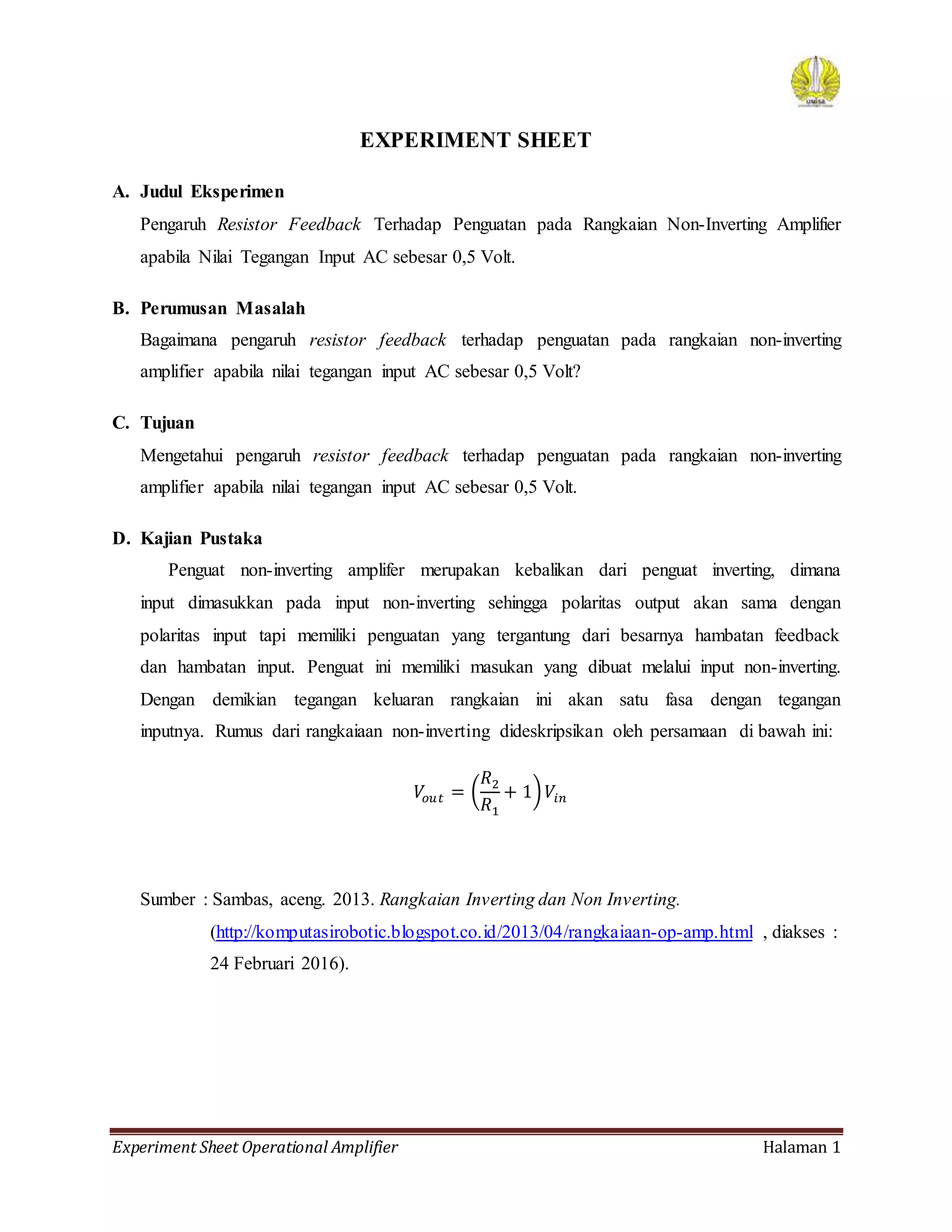Percobaan 1 (Non-Inverting Amplifier) | DOCX