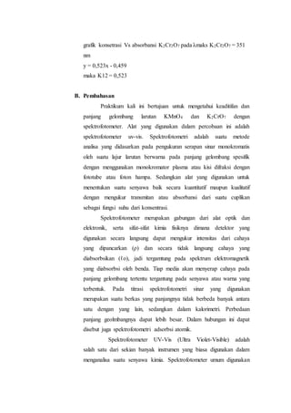 grafik konsetrasi Vs absorbansi K2Cr2O7 pada λmaks K2Cr2O7 = 351 
nm 
y = 0,523x - 0,459 
maka K12 = 0,523 
B. Pembahasan 
Praktikum kali ini bertujuan untuk mengetahui keaditifan dan 
panjang gelombang larutan KMnO4 dan K2CrO7 dengan 
spektrofotometer. Alat yang digunakan dalam percobaan ini adalah 
spektrofotometer uv-vis. Spektrofotometri adalah suatu metode 
analisa yang didasarkan pada pengukuran serapan sinar monokromatis 
oleh suatu lajur larutan berwarna pada panjang gelombang spesifik 
dengan menggunakan monokromator plasma atau kisi difraksi dengan 
fototube atau foton hampa. Sedangkan alat yang digunakan untuk 
menentukan suatu senyawa baik secara kuantitatif maupun kualitatif 
dengan mengukur transmitan atau absorbansi dari suatu cuplikan 
sebagai fungsi suhu dari konsentrasi. 
Spektrofotometer merupakan gabungan dari alat optik dan 
elektronik, serta sifat-sifat kimia fisiknya dimana detektor yang 
digunakan secara langsung dapat mengukur intensitas dari cahaya 
yang dipancarkan (ρ) dan secara tidak langsung cahaya yang 
diabsorbsikan (ℓo), jadi tergamtung pada spektrum elektromagnetik 
yang diabsorbsi oleh benda. Tiap media akan menyerap cahaya pada 
panjang gelombang tertentu tergantung pada senyawa atau warna yang 
terbentuk. Pada titrasi spektrofotometri sinar yang digunakan 
merupakan suatu berkas yang panjangnya tidak berbeda banyak antara 
satu dengan yang lain, sedangkan dalam kalorimetri. Perbedaan 
panjang geolmbangnya dapat lebih besar. Dalam hubungan ini dapat 
disebut juga spektrofotometri adsorbsi atomik. 
Spektrofotometer UV-Vis (Ultra Violet-Visible) adalah 
salah satu dari sekian banyak instrumen yang biasa digunakan dalam 
menganalisa suatu senyawa kimia. Spektrofotometer umum digunakan 
 