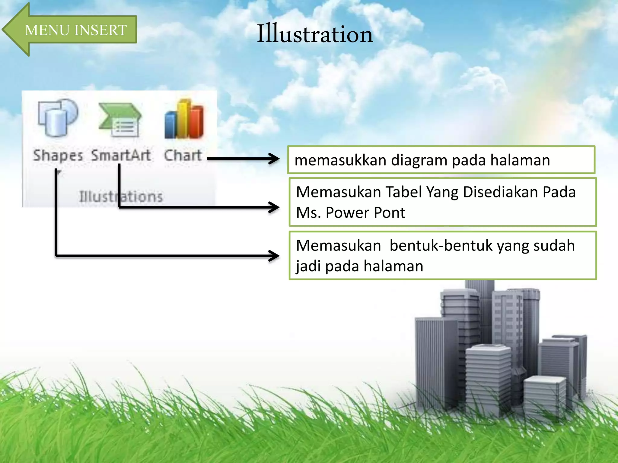 Illustration 
memasukkan diagram pada halaman 
MENU INSERT 
Memasukan Tabel Yang Disediakan Pada 
Ms. Power Pont 
Memasukan bentuk-bentuk yang sudah 
jadi pada halaman 
 
