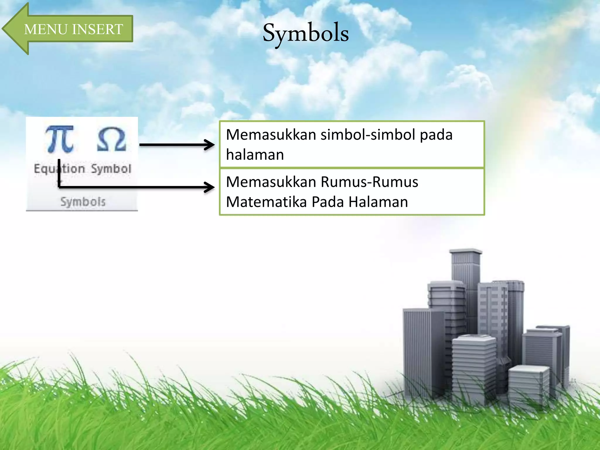 Symbols MENU INSERT 
Memasukkan simbol-simbol pada 
halaman 
Memasukkan Rumus-Rumus 
Matematika Pada Halaman 
 