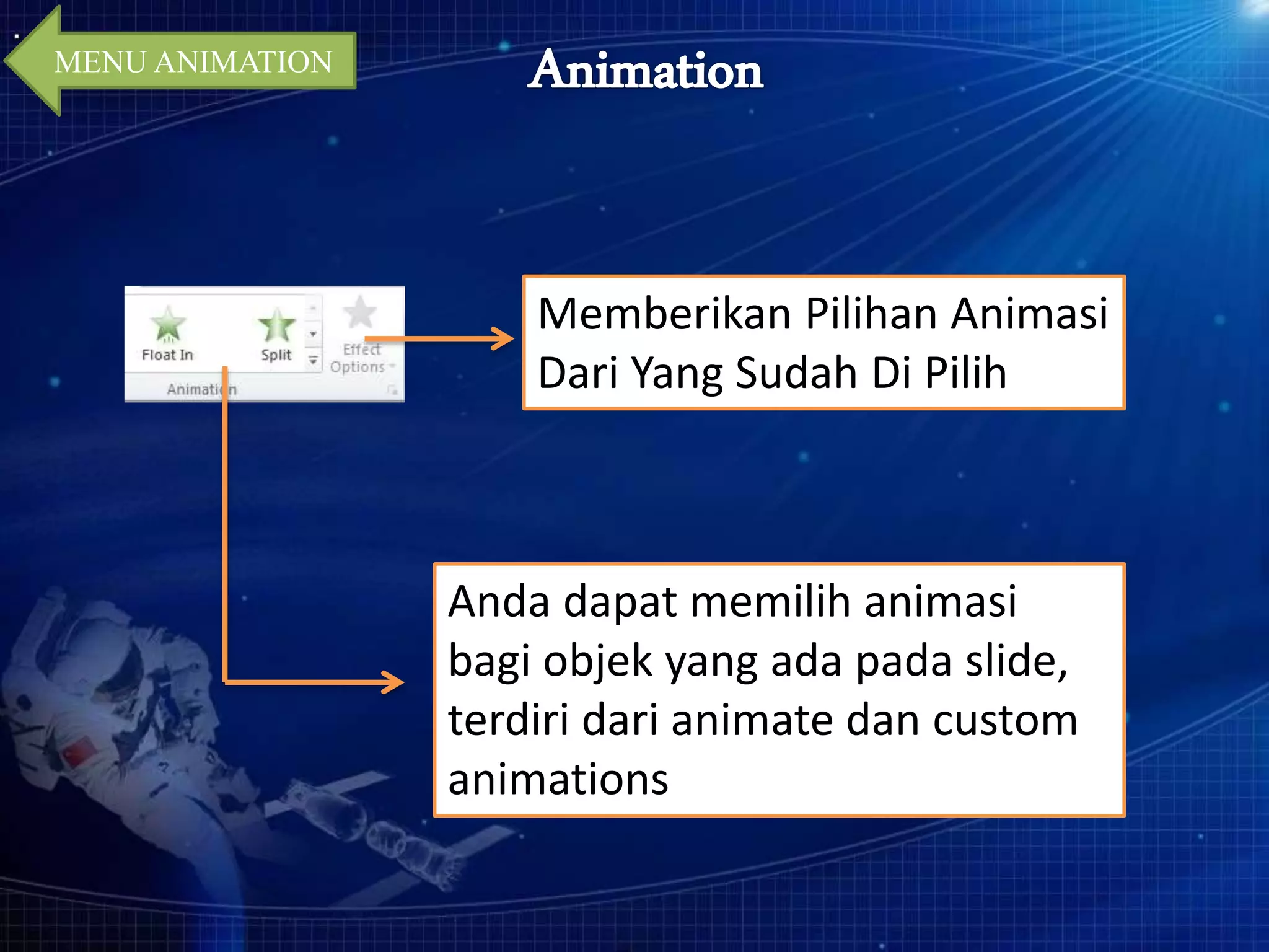 MENU ANIMATION 
Memberikan Pilihan Animasi 
Dari Yang Sudah Di Pilih 
Anda dapat memilih animasi 
bagi objek yang ada pada slide, 
terdiri dari animate dan custom 
animations 
 