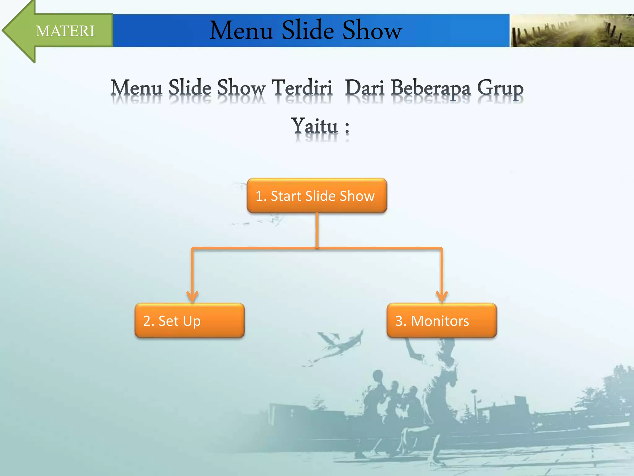 Menu Slide Show 
1. Start Slide Show 
2. Set Up 3. Monitors 
MATERI 
 