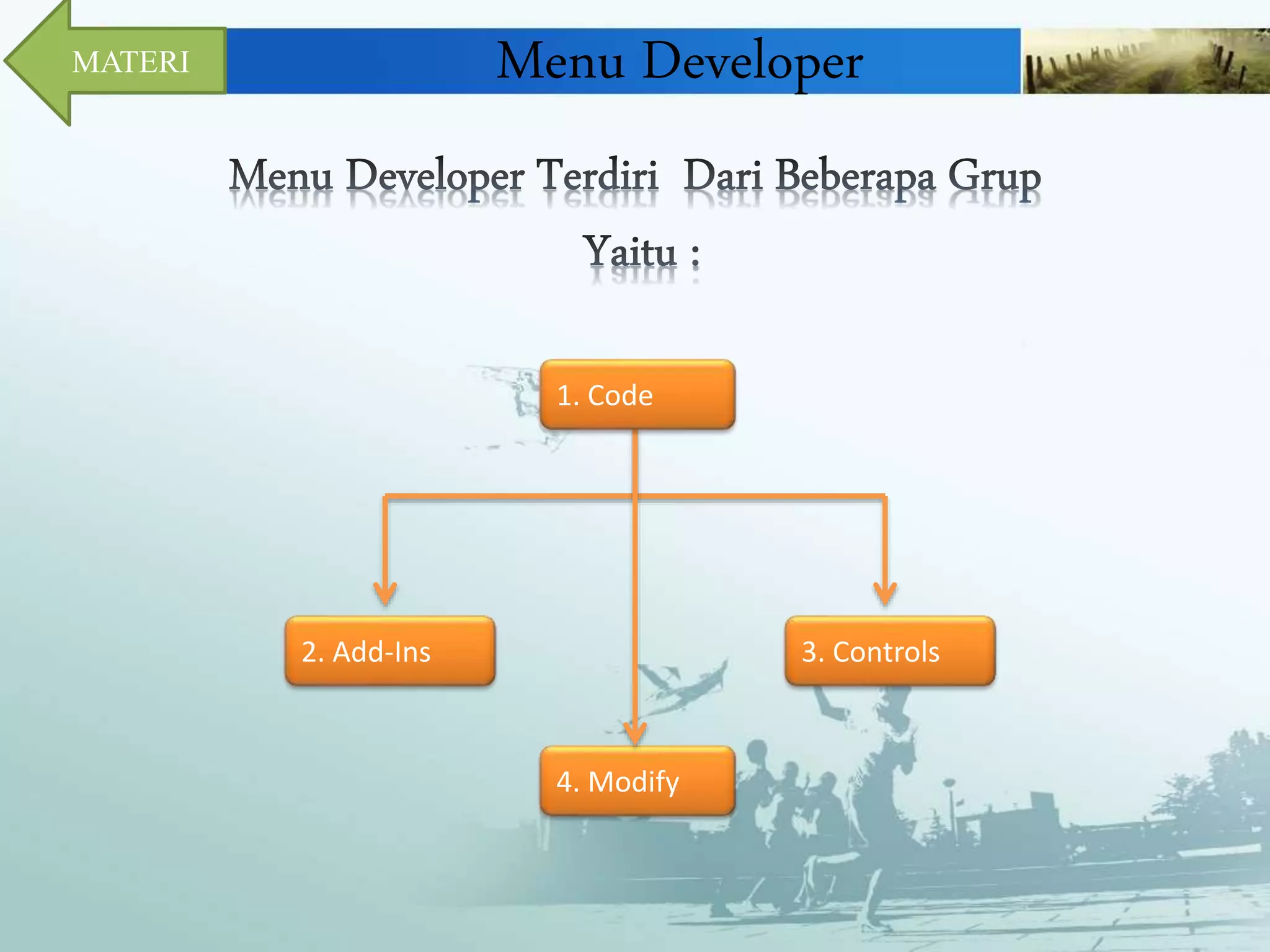 Menu Developer 
2. Add-Ins 
MATERI 
1. Code 
3. Controls 
4. Modify 
 