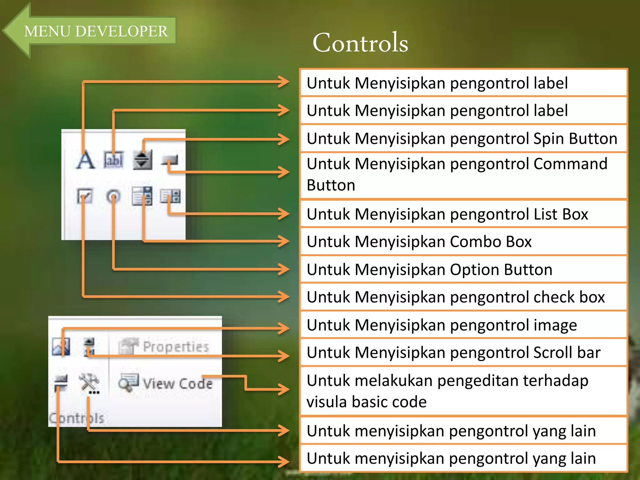 Controls MENU DEVELOPER 
Untuk Menyisipkan pengontrol label 
Untuk Menyisipkan pengontrol label 
Untuk Menyisipkan pengontrol Spin Button 
Untuk Menyisipkan pengontrol Command 
Button 
Untuk Menyisipkan pengontrol List Box 
Untuk Menyisipkan Combo Box 
Untuk Menyisipkan Option Button 
Untuk Menyisipkan pengontrol check box 
Untuk Menyisipkan pengontrol image 
Untuk Menyisipkan pengontrol Scroll bar 
Untuk melakukan pengeditan terhadap 
visula basic code 
Untuk menyisipkan pengontrol yang lain 
Untuk menyisipkan pengontrol yang lain 
 