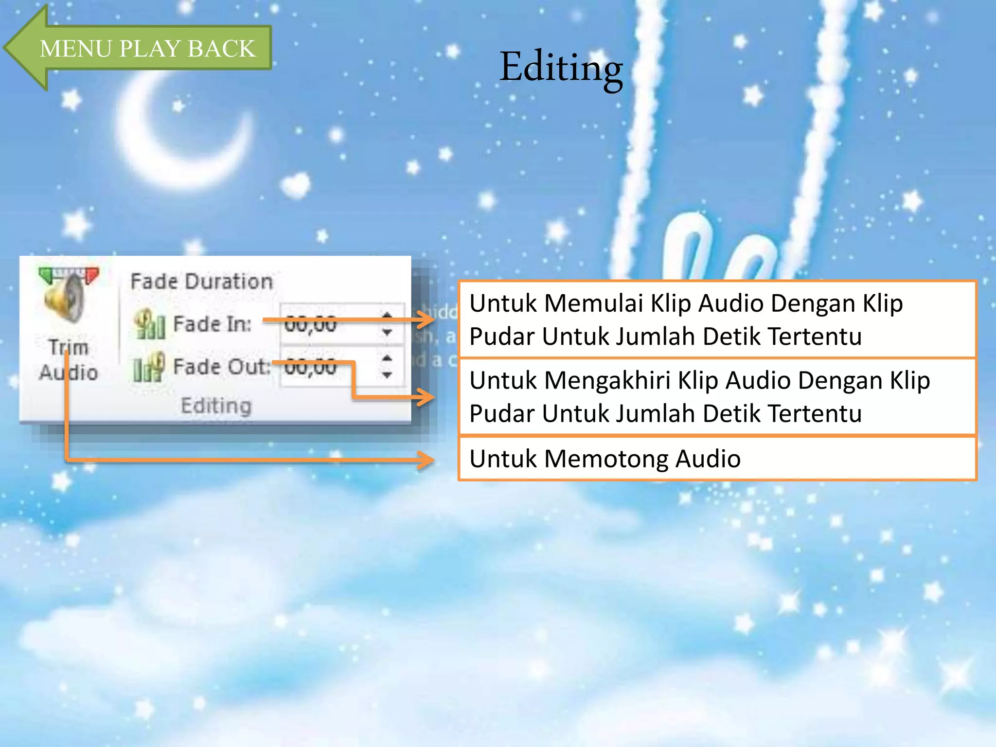 Editing MENU PLAY BACK 
Untuk Memulai Klip Audio Dengan Klip 
Pudar Untuk Jumlah Detik Tertentu 
Untuk Mengakhiri Klip Audio Dengan Klip 
Pudar Untuk Jumlah Detik Tertentu 
Untuk Memotong Audio 
 