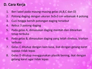 D. Cara Kerja
1. Beri label pada masing-masing gelas (A,B,C dan D)
2. Potong daging dengan ukuran 3x3x3 cm sebanyak 4 potong
3. Cuci hingga bersih potongan daging tersebut
4. Rebus 3 potong daging
5. Pada gelas A, dimasukan daging mentah dan dibiarkan
tetap terbuka
6. Pada gelas B, dimasukan daging yang telah direbus, biarkan
terbuka
7. Gelas C ditutup dengan kain kasa, ikat dengan gelang karet
supaya tidak lepas
8. Gelas D ditutup menggunakan plastik bening, ikat dengan
gelang karet agar tidak lepas
 