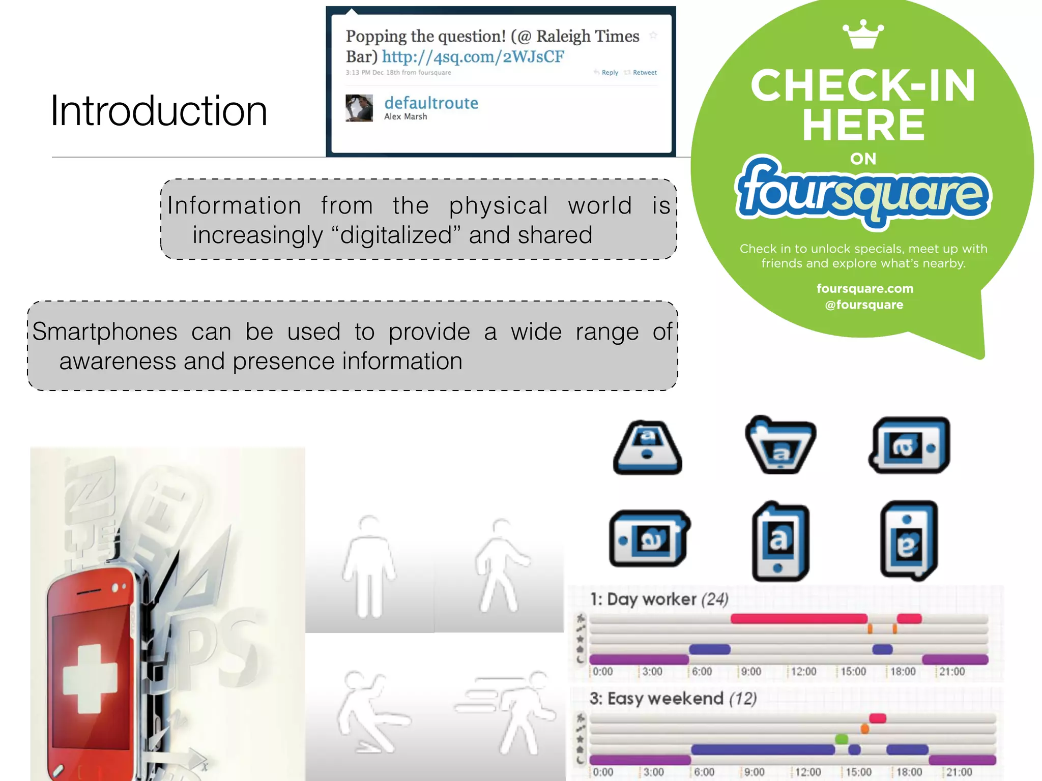 Introduction

          Information from the physical world is
            increasingly “digitalized” and shared


Smartphones can be used to provide a wide range of
  awareness and presence information
 