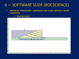 6 – SOFTWARE SLIDE (ROCSCIENCE)
• ANÁLISE DE PERCOLAÇÃO – BARRAGEM COM FILTRO VERTICAL E TAPETE
HORIZONTAL
 REDE DE FLUXO
 