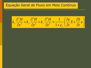 Equação Geral de Fluxo em Meio Contínuo





















e
t
S
S
t
e
e
z
H
k
y
H
k
x
H
k
o
z
y
x .
1
1
2
2
2
2
2
2
 