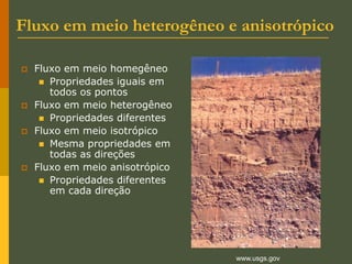 Fluxo em meio heterogêneo e anisotrópico
 Fluxo em meio homegêneo
 Propriedades iguais em
todos os pontos
 Fluxo em meio heterogêneo
 Propriedades diferentes
 Fluxo em meio isotrópico
 Mesma propriedades em
todas as direções
 Fluxo em meio anisotrópico
 Propriedades diferentes
em cada direção
www.usgs.gov
 
