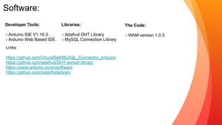 Software:
9
Developer Tools:


Arduino IDE V1.18.3.


Arduino Web Based IDE.
Libraries:


Adafruit DHT Library


MySQL Connection Library
Links:


https://github.com/ChuckBell/MySQL_Connector_Arduino


https://github.com/adafruit/DHT-sensor-library


https://www.arduino.cc/en/software


https://github.com/cetanhota/wam
The Code:


WAM version 1.0.5
 