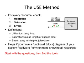 The	
  USE	
  Method	
  
•  For every resource, check:
1.  Utilization
2.  Saturation
3.  Errors
•  Definitions:
–  Utilization: busy time
–  Saturation: queue length or queued time
–  Errors: easy to interpret (objective)
•  Helps if you have a functional (block) diagram of your
system / software / environment, showing all resources
Start with the questions, then find the tools
Resource	
  
UGlizaGon	
  
(%)	
  X	
  
 