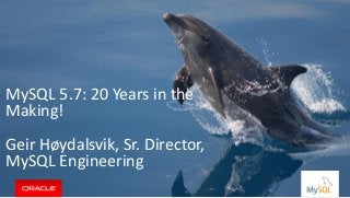 Copyright © 2015, Oracle and/or its affiliates. All rights reserved. |
MySQL 5.7: 20 Years in the
Making!
Geir Høydalsvik, Sr. Director,
MySQL Engineering
 