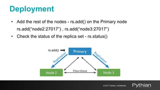 • Add the rest of the nodes - rs.add() on the Primary node
rs.add(“node2:27017”) , rs.add(“node3:27017”)
• Check the status of the replica set - rs.status()
Deployment
© 2017 Pythian. Confidential
Node 2 Node 3
rs.add()
 