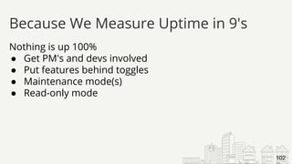 Nothing is up 100%
● Get PM's and devs involved
● Put features behind toggles
● Maintenance mode(s)
● Read-only mode
Because We Measure Uptime in 9's
102
 