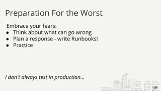 Embrace your fears:
● Think about what can go wrong
● Plan a response - write Runbooks!
● Practice
I don't always test in production...
Preparation For the Worst
104
 