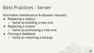 Normalize maintenance & disaster recovery
● Replacing a replica
○ Same as building a new one
● Replacing a master
○ Same as promoting a new one
● Cloning a database
○ Same as restoring a backup
Best Practices - Server
108
 