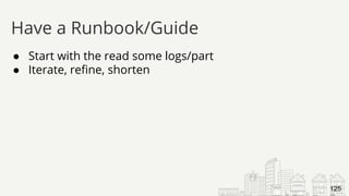 ● Start with the read some logs/part
● Iterate, refine, shorten
Have a Runbook/Guide
125
 