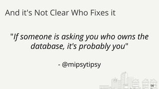 "If someone is asking you who owns the
database, it's probably you"
- @mipsytipsy
And it's Not Clear Who Fixes it
14
 