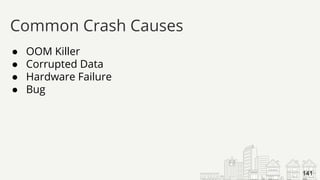 ● OOM Killer
● Corrupted Data
● Hardware Failure
● Bug
Common Crash Causes
141
 