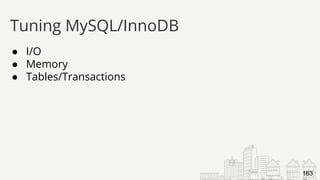 ● I/O
● Memory
● Tables/Transactions
Tuning MySQL/InnoDB
163
 
