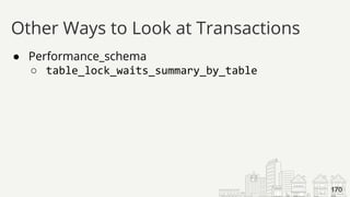● Performance_schema
○ table_lock_waits_summary_by_table
Other Ways to Look at Transactions
170
 