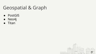 ● PostGIS
● Neo4j
● Titan
Geospatial & Graph
20
 