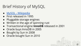 ● MySQL - Wikipedia
● First released in 1995
● Pluggable storage engines
● Written in the age of spinning rust
● Transactional engine InnoDB released in 2001
● Oracle buys InnoDB in 2005
● Bought by Sun in 2008
● Oracle bought Sun in 2010
Brief History of MySQL
23
 