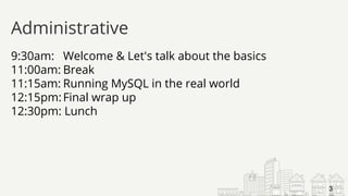 9:30am: Welcome & Let's talk about the basics
11:00am: Break
11:15am: Running MySQL in the real world
12:15pm:Final wrap up
12:30pm: Lunch
Administrative
3
 