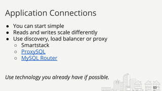 ● You can start simple
● Reads and writes scale differently
● Use discovery, load balancer or proxy
○ Smartstack
○ ProxySQL
○ MySQL Router
Use technology you already have if possible.
Application Connections
53
 