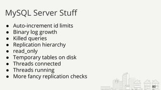 ● Auto-increment id limits
● Binary log growth
● Killed queries
● Replication hierarchy
● read_only
● Temporary tables on disk
● Threads connected
● Threads running
● More fancy replication checks
MySQL Server Stuff
80
 