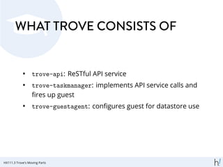 WHAT TROVE CONSISTS OF
• trove-api: ReSTful API service
• trove-taskmanager: implements API service calls and
ﬁres up guest
• trove-guestagent: conﬁgures guest for datastore use
HX111.3 Trove's Moving Parts
 