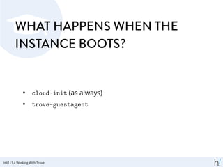 WHAT HAPPENS WHEN THE
INSTANCE BOOTS?
• cloud-init (as always)
• trove-guestagent
HX111.4 Working With Trove
 