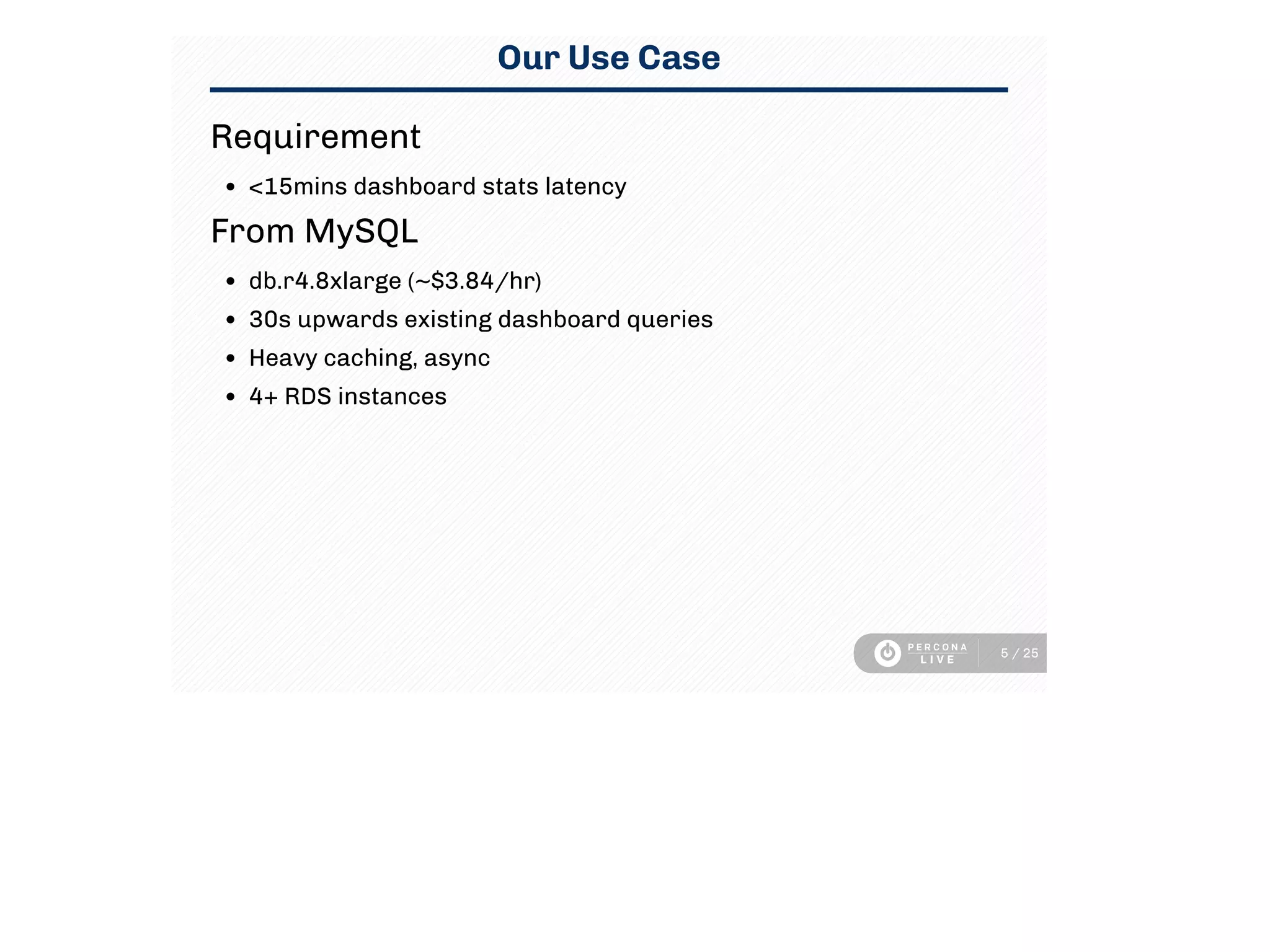 Our Use Case
Requirement
<15mins dashboard stats latency
From MySQL
db.r4.8xlarge (~$3.84/hr)
30s upwards existing dashboard queries
Heavy caching, async
4+ RDS instances
5 / 25
 