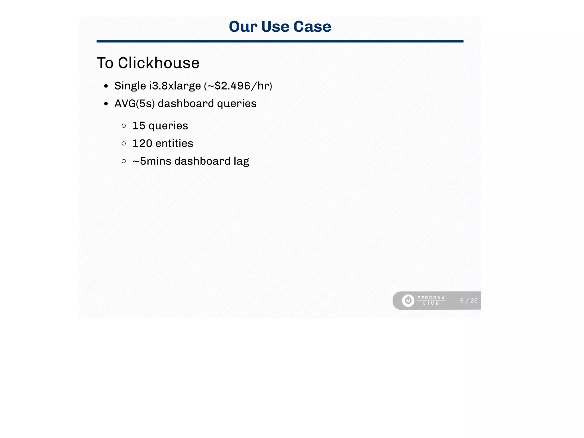 Our Use Case
To Clickhouse
Single i3.8xlarge (~$2.496/hr)
AVG(5s) dashboard queries
15 queries
120 entities
~5mins dashboard lag
6 / 25
 