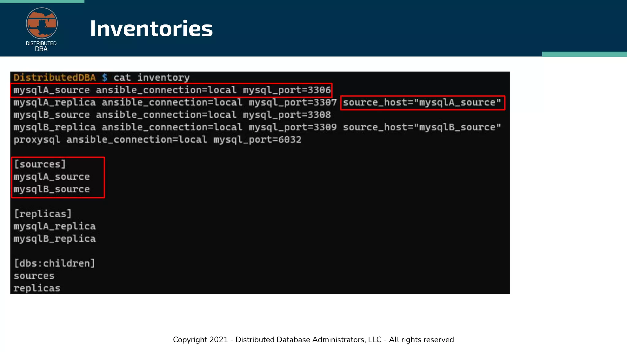 Copyright 2021 - Distributed Database Administrators, LLC - All rights reserved
Inventories
 